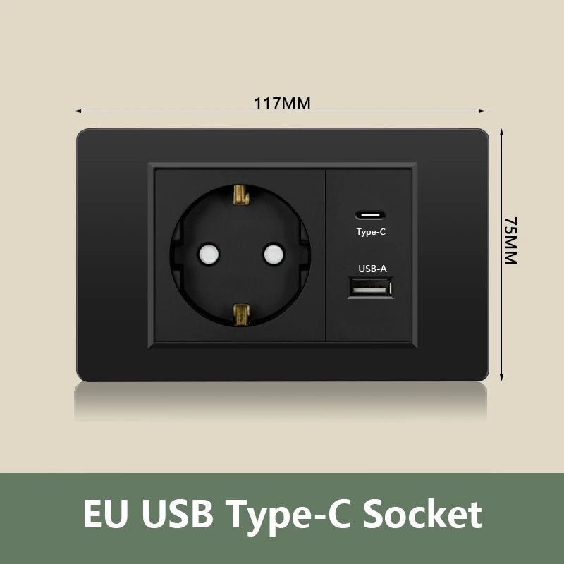 EU Korea Standard Electrical Outlet 220V Wall Light Power Switch,with USB Type-C 20W Smart Fast Charging Socket PC Panel TV TEL